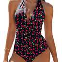 AI'MAGE Women's One Piece Swimsuit Tummy Control Halter Ruched Deep V Neck Bathing Suits (Black Cherry, Size S)