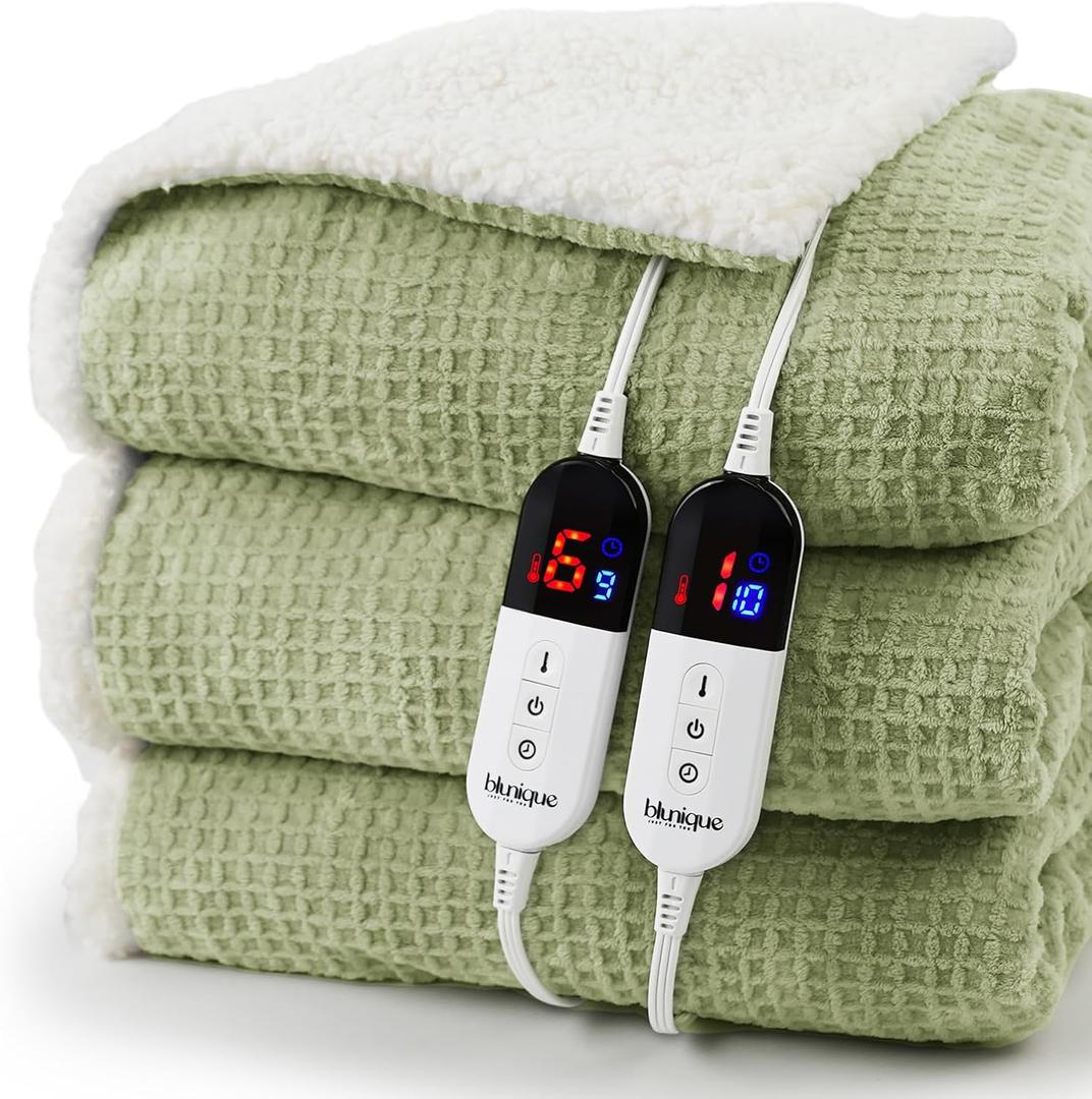Heated Blanket Electric Blanket Queen Waffle, 84x90 Inches Dual Controllers Sherpa Fleece Fast Heating Blanket 6 Heating Levels & 10 Hours Auto Off ETL Certification, Sage Queen
