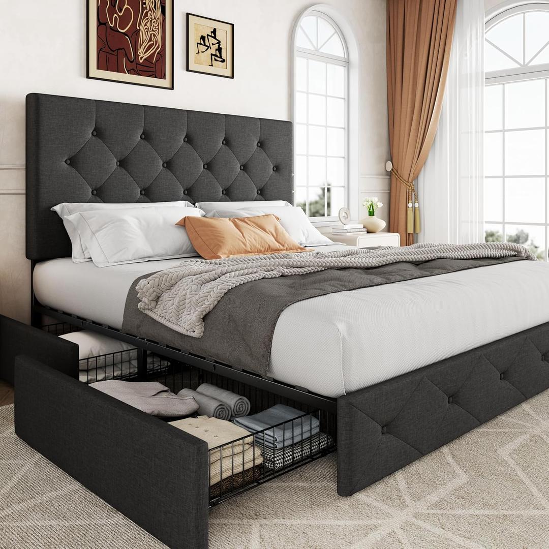 Queen Size Upholstered Platform Bed Frame with 4 Storage Drawers, Curved Diamond Button Tufted Headboard, Strong Wooden Slats Support, No Box Spring Needed, Easy Assembly, Grey