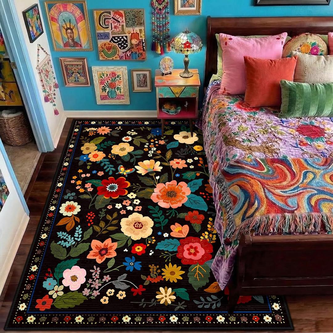 RELEANY Floral Nursery 3x5 Area Rugs Washable Print Boho Cute Carpet Non Slip Flower Low Pile for Living Room Kids Girls Playroom Bedroom Kitchen Office Farmhouse-Black