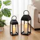 Set of 2 Black Solar Lanterns Outdoor Metal Decorative Lanterns with 2 Candles, Large Farmhouse Hanging & Table Decor for Garden Yard Patio Porch Wedding(20.5"&16.5")