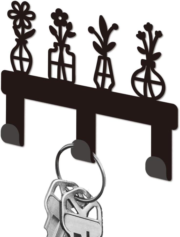 Vase Flowers Metal Key Holder for Wall Cookware Mini Key Hook Organizer Rack Key Hangers Wall Decorative with 3 Hooks for Entryway Front Door Hallway Kitchen Office Bag Clothes Key Hanging