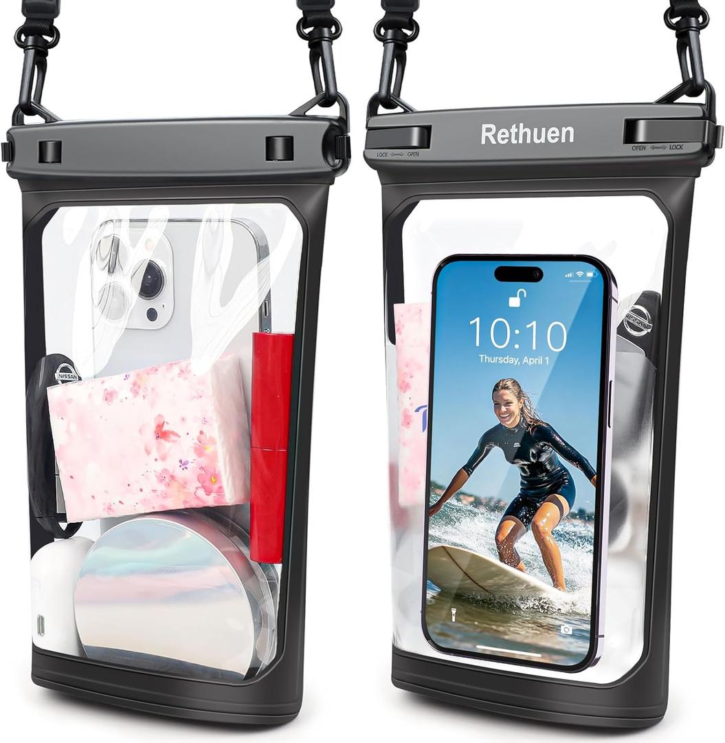 Large Waterproof Phone Pouch, 2Pack Floating Waterproof Bag for iPhone 17 16 15 Pro Max Galaxy S26 S25 S24 Ultra All Phones, Cell Phone Dry Bag for Beach Swimming Rafting Boating (Black + Black)
