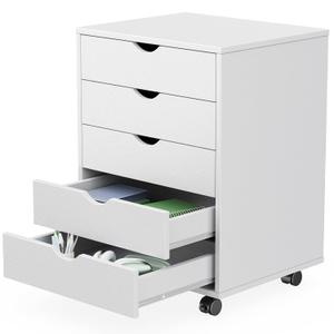 Sweetcrispy 5 Drawer Chest Mobile Storage Cabinets Small Wooden Dresser with Wheels Room Organization Furniture for Office Home, White Wood