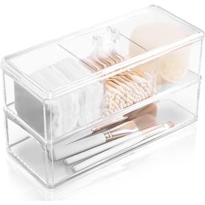 KIMCHOMERSE Qtip Holder Dispenser, 2-Layer Cotton Ball & Pad Holder for Bathroom Storage, Drawer Organizer for Earrings, Jewelry & Small Items