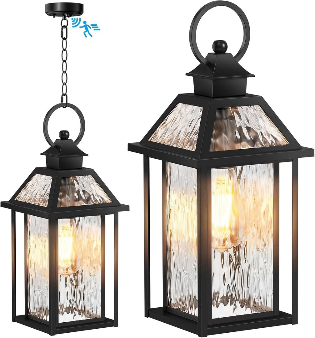Lotsky Outdoor Pendant Lights with Motion Sensor, 15'' Dusk to Dawn Exterior Hanging Light Fixture for Porch, Anti-Rust Aluminum Ripple Glass Outside Chandelier Lantern for Gazebo, Patio, Yard Black