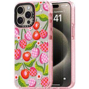 for iPhone 15 Pro Case Cute - Durable Shockproof 6.6 ft Drop Impact Phone Case - Funny Plaid Cherry Design (6.1") Glitter Pink