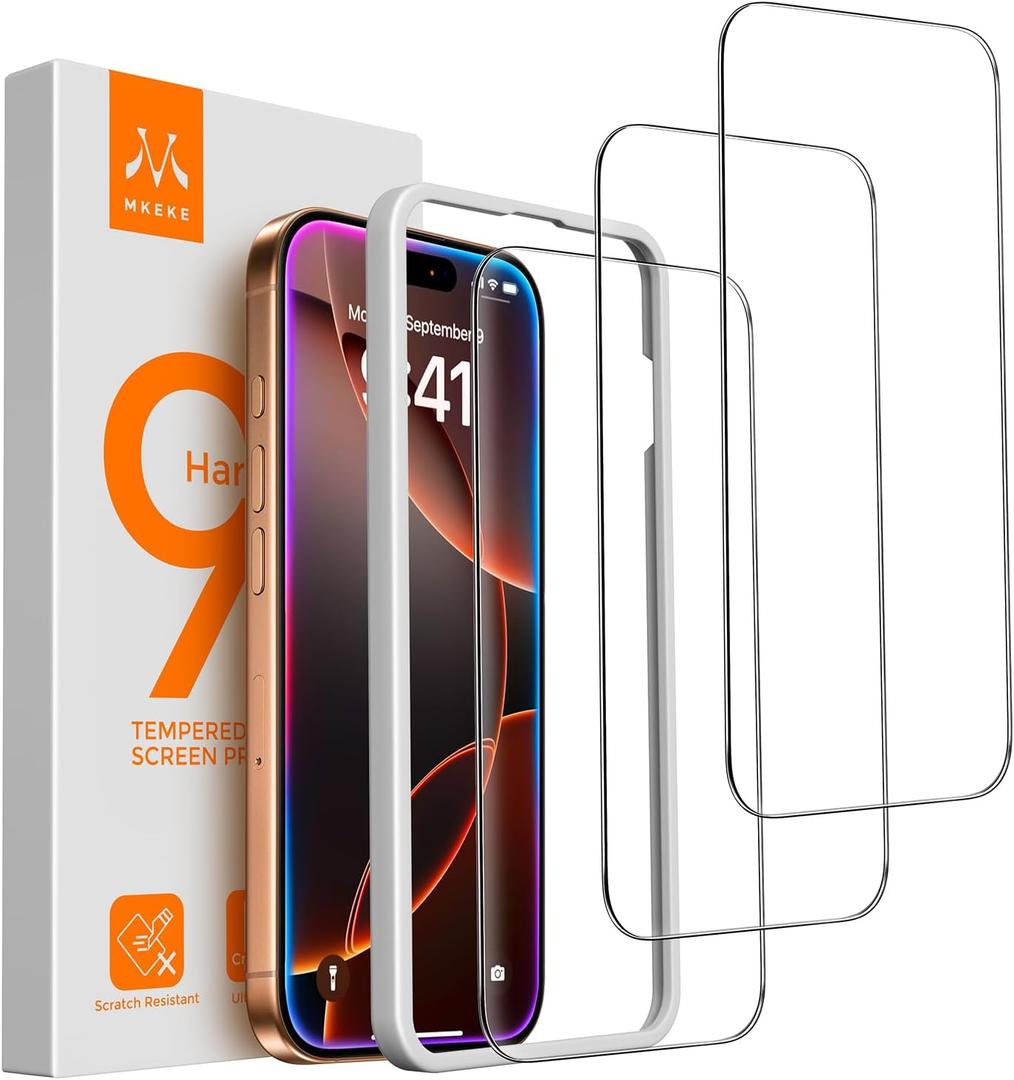 Mkeke Screen Protector for iPhone 16 Pro, 3 Pack Tempered Glass [9H Hardness] [Military-Grade Drop Protection] [Sensitive Touch] [Easy Installation Frame] [HD Clear] for 6.3 inch