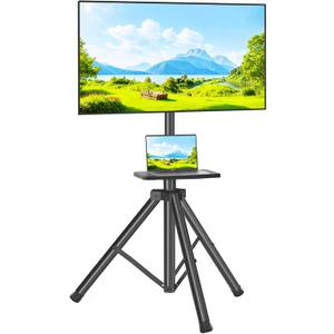 TVON TV Tripod Stand with Shelf for 23-80 inch LED LCD Flat Screen/Curved TVs, Portable TV Stand with 15 Tilt and Height Adjustment Holds up to 100lbs, Outdoor TV Mount Max VESA 600x400m