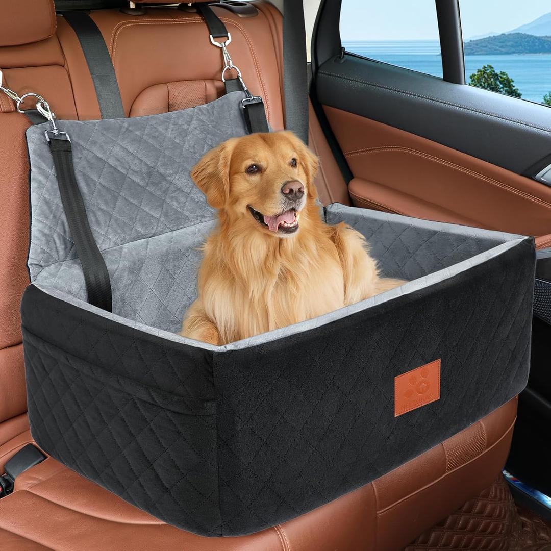 Dog Car Seat for Large Medium Dogs,Washable Pet Carseat Under 55 lbs or 2 Small Dogs,Dog Booster Seat Travel Bed with Thick Cushion,2 Safety Leashes (Black/grey)