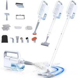 ScrubWiz Steam Mop with Detachable Handheld Steam Cleaner, 10-in-1 Multi Accessories, Quick 10s Heat, 350ml and 2-Level Steamer for Cleaning Floor, Carpet, BBQ Grill, Tile, and Grout, Light White