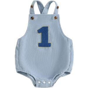 Baby Girl Boy 1st Birthday Clothes One Year Old Bubble Bodysuit Backless Rib Romper Cake Smash Outfits (12-18 Months, Blue)