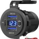 Dual USB Quick Charge 3.0 Port & PD USB C Car Charger Socket, 12V USB Outlet with Voltmeter and Power Switch for Car Boat Marine Truck