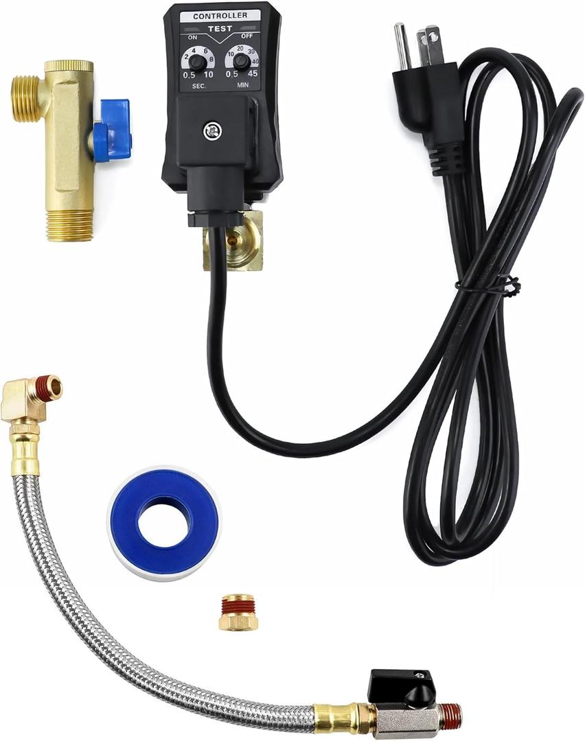 QWORK Automatic Timed Condensate Drain Valve with Steel Hose 1/4 Inch NPT Drain Valve Elbow Fitting, 1/2" Ac110v 2-way Direct-acting Drain Valve US Plug for Compressed Air (Split Set) QWORK Automatic Timed Condensate Drain Valve with Steel Hose 1/4 Inch NPT Drain Valve Elbow Fitting, 1/2" Ac110v 2-way Direct-acting Drain Valve US Plug for Compressed Air (Split Set)
