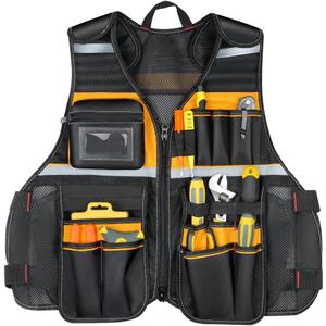 Tool Vest, Multi-Pocket Work Vest with Reflective Strips, Oxford Fabric Construction, Black and Yellow