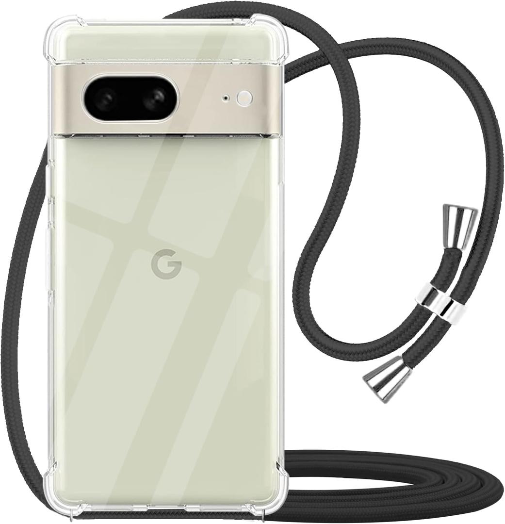 YESPURE for Google Pixel 7 Clear Lanyard Case Adjustable Shoulder Neck Crossbody Strap Phone Cover Women Girls Soft Slim Bumper Shockproof Protective Mobile Case for Pixel 7 - Black