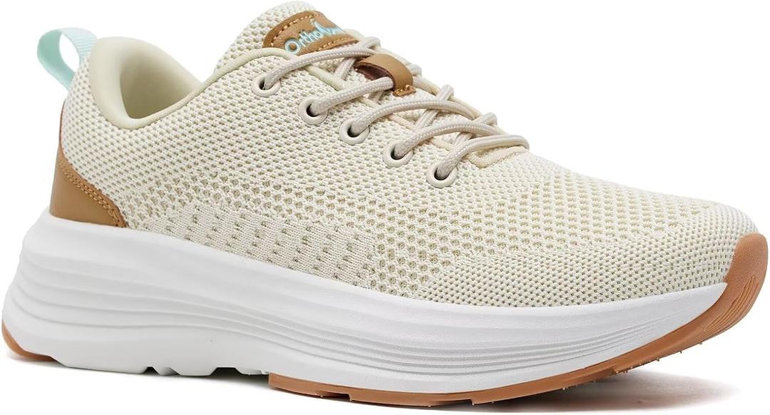 Women's Orthopedic Fashion Sneakers with Arch Support: Comfortable Cushion Flat Feet Shoes for Plantar Fasciitis, Orthotic Supportive Casual Thick Sole Sneakers for Ankle and Foot Pain Relief (7, W6-beige/Brown)