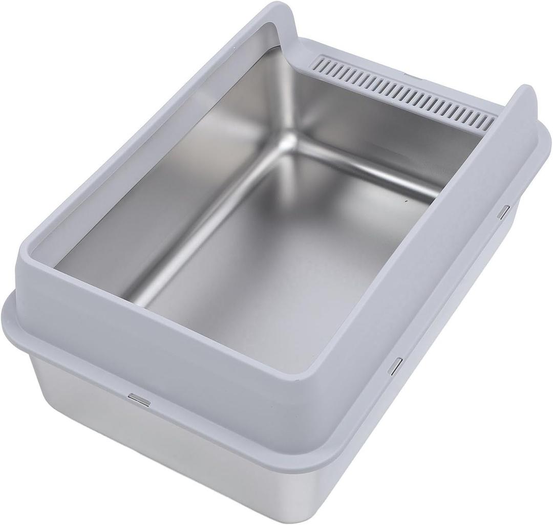 Premium Stainless Steel Open Top Cat Litter Box Sturdy Metal Litter Tray for High Peeing Cats L