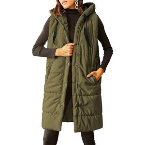 Grlasen Women's Long Quilted Puffer Vest Sleeveless Hooded Button Down Padded Coats Jacket Outerwear with Pockets (XL, Army Green)