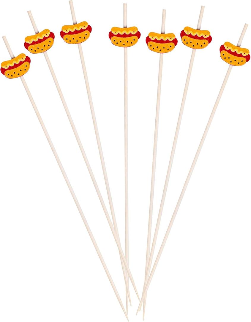 Restaurantware-6 Inch Wooden Hot Dog Skewers, 100 Disposable Sandwich Picks - Built-In Hot Dog Cartoon, Sustainable, Bamboo Decorative Food Picks, For Parties Or Picnics
