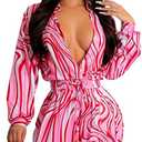 Women's Sexy Long Sleeve Rompers Deep V Neck Elastic Waisted Printed Shorts Jumpsuits One Piece Outfit, size L