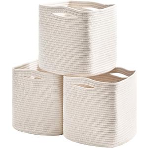 11 Inch Cube Storage Bins, 11x11 Cube Storage Bins for Cube Organizer, Square Cloth Storage Cubes, Woven Storage Baskets for Shelves, Toy Rope Baskets Storage Kids, Off White (Pack of 3)