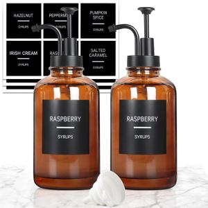 Coffee Syrup Dispenser, Set of 2 Amber Glass Syrup Bottle w. Pump and Labels, 16.9 oz 500ml Glass Syrup Bottle with Pump, Farmhouse Syrup Dispenser for Coffee Bar, Ideal Gift