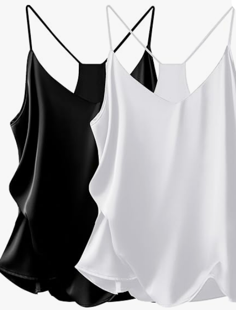Ekouaer Womens Satin Cami Tops 2 Pack V Neck Silk Camisole Tank Top Spaghetti Strap Racerback Camis Blouse Shirt Black & White Size L