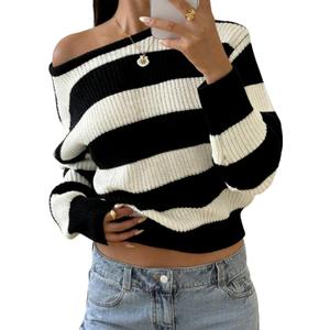 Verdusa Striped Off The Shoulder Sweater Oversized Sweaters Long Sleeve Y2K Loose Knitted Pullovers L