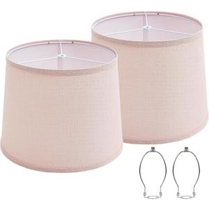 Lampshades Set of 2 for Table Floor Lamp, Drum Lamp Shades, 12.7" Top x 12.7" Bottom x 10" High, Natural Linen Hand Crafted, Lamp Shade Harp Holder Included (Pink)