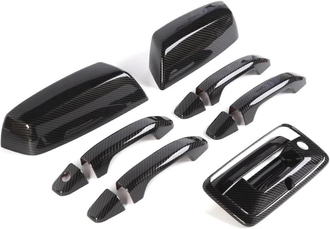 (Set of 7 Carbon Fiber Accessories) Door Handles, Top Half Mirror Covers, Tailgate Cover, (with Camera Hole) Compatible with Chevrolet Silverado GMC Sierra 1500 2500 3500 2014-2018