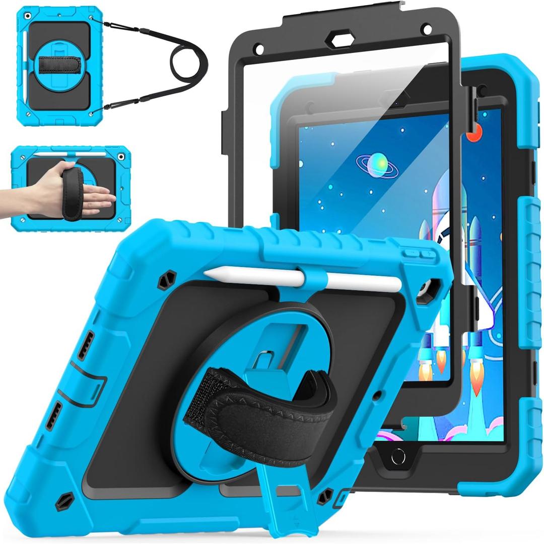 Cantis Case for iPad 9th/8th/7th Generation with Screen Protector, iPad 10.2 Case 2021/2020/2019 with 360 Degree Rotating Stand/Shoulder Strap/Pencil Holder, Blue