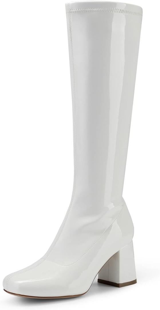 DREAM PAIRS Women's Gogo Boots Square Toe Chunky Wide Calf Knee High Boots For Women (11, White/Patent/Pu)