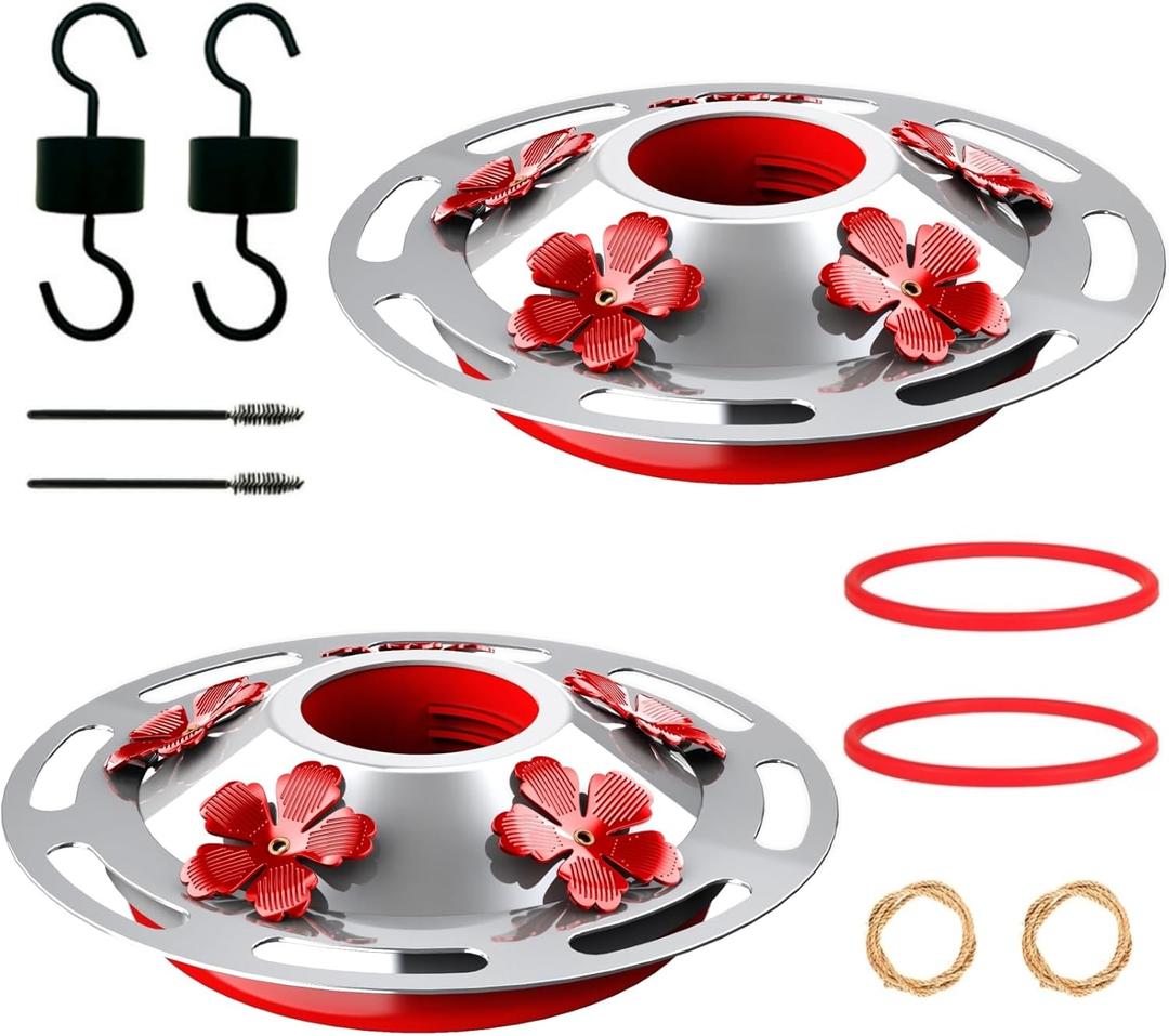2 Pack Hummingbird Feeder Base Replacement Part Accessories Set - Includes 2 Pcs Bottom Base, Moat Hooks, Seal Rings, Brushes and Hanging Ropes (2, Silver-2)