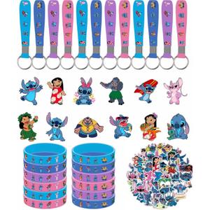 86pcs Stitch Birthday Party decorations Set Included 12 Bracelets, 12 Acrylic Pins, 12 Keychains, 50 Stickers, for Boys and Girls Cartoon Theme Party