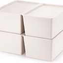 4 Pcs Storage Bins with Lids Plastic Containers Stackable Storage Box Baskets for Organizing Shelves(Beige,Small) (Small, Beige)