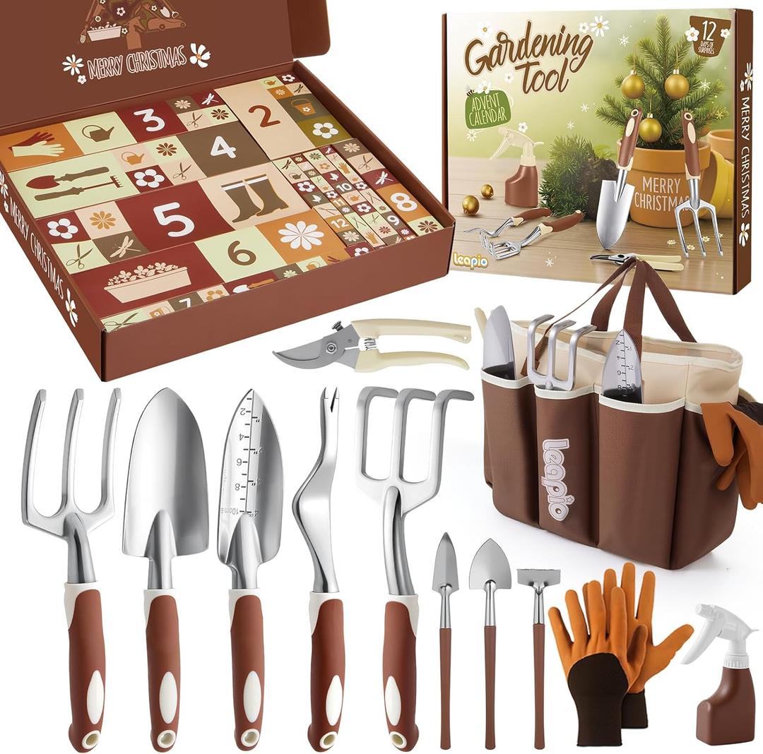 Gardening Christmas Advent Calendar for Adult Women Men 2025, 12 Days Gifts Garden Hand Tools Set with Storage Bag and Garden Gloves, Outdoor Plant Gardener Kit for Male Mom Dad Husband Wife Boyfriend (Brown)