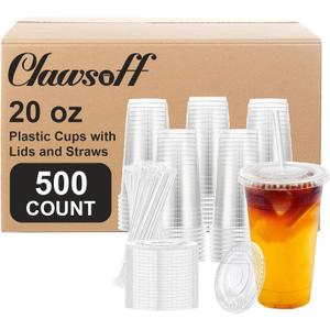 Clawsoff 500 Pack 20 oz Disposable Clear Plastic Cups with Lids and Straws