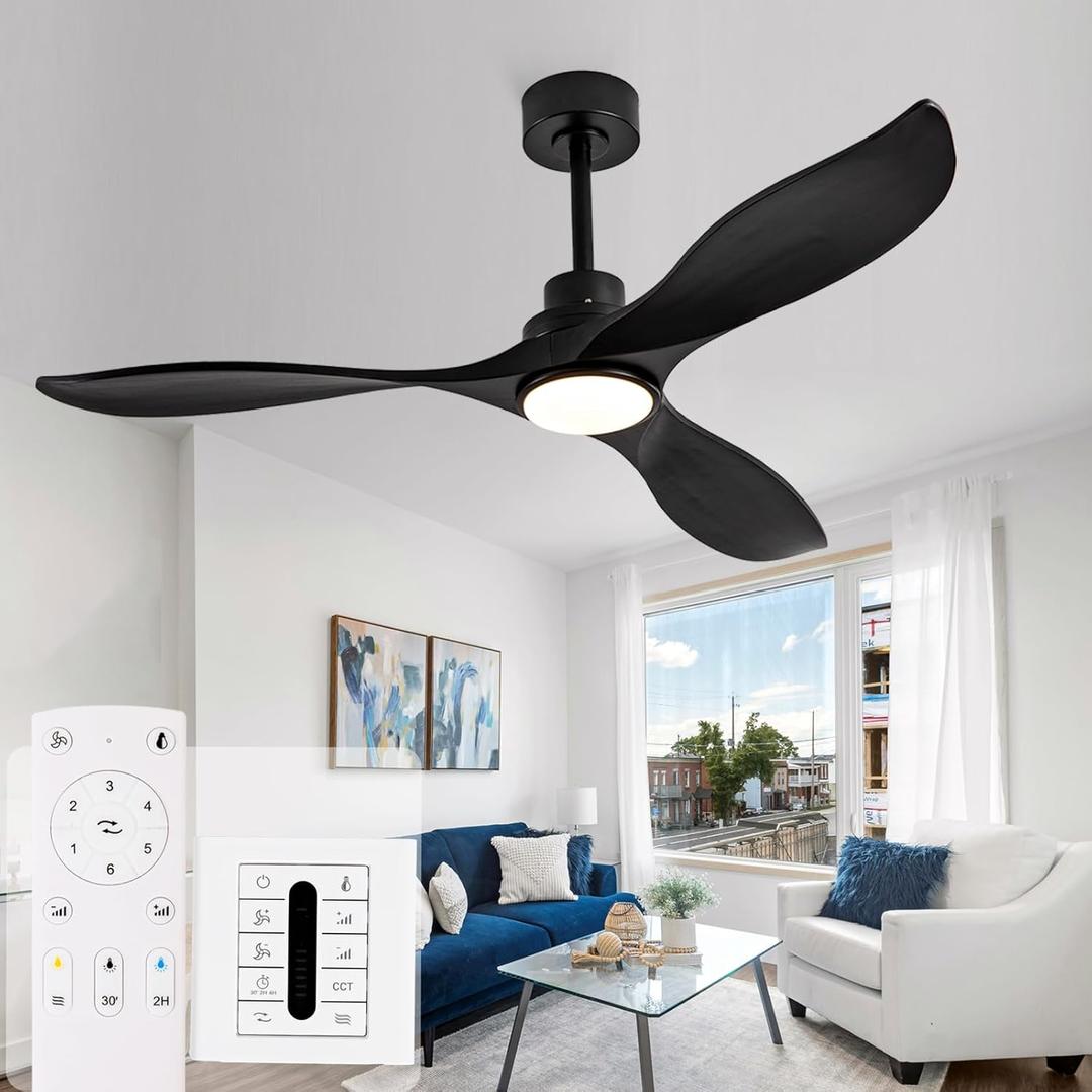 52 Inch Solid Wood Ceiling Fans with Lights and Remote, 3 Blade Black Outdoor Ceiling Fan with Wall Control, Dimmable, 6 Speeds, Noiseless DC Motor for Bedroom/Patios/Farmhouse/Living Room