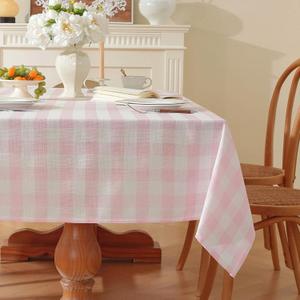 Gingham Tablecloth Rectangle Checkered Table Cloth Cotton Linen Fabric Wrinkle Free Washable Buffalo Plaid Table Cover for Kitchen Dining Picnic Camping, Pink and White,55 * 55 inch (55" x 55" (Square))