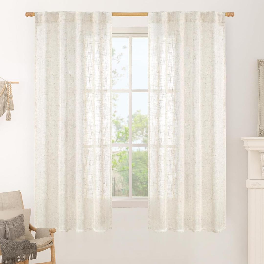 LAMIT Cream Linen Semi Sheer Curtains 63 Inch for Bedroom, Light Filtering Neutral Window Curtains Farmhouse Boho Back Tab and Rod Pocket Panels, 2 Panels, 38 x 63 Inch