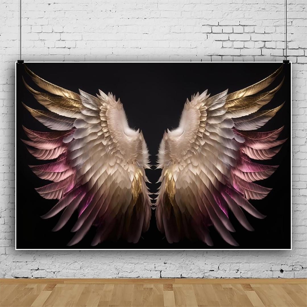7x5ft Pink Angel Wings Backdrop Banner Heaven Sent Baby Shower Black Photography Background Angel Wings Boy Girl Adult Artistic Portrait Photo Shoot Studio Props Vinyl