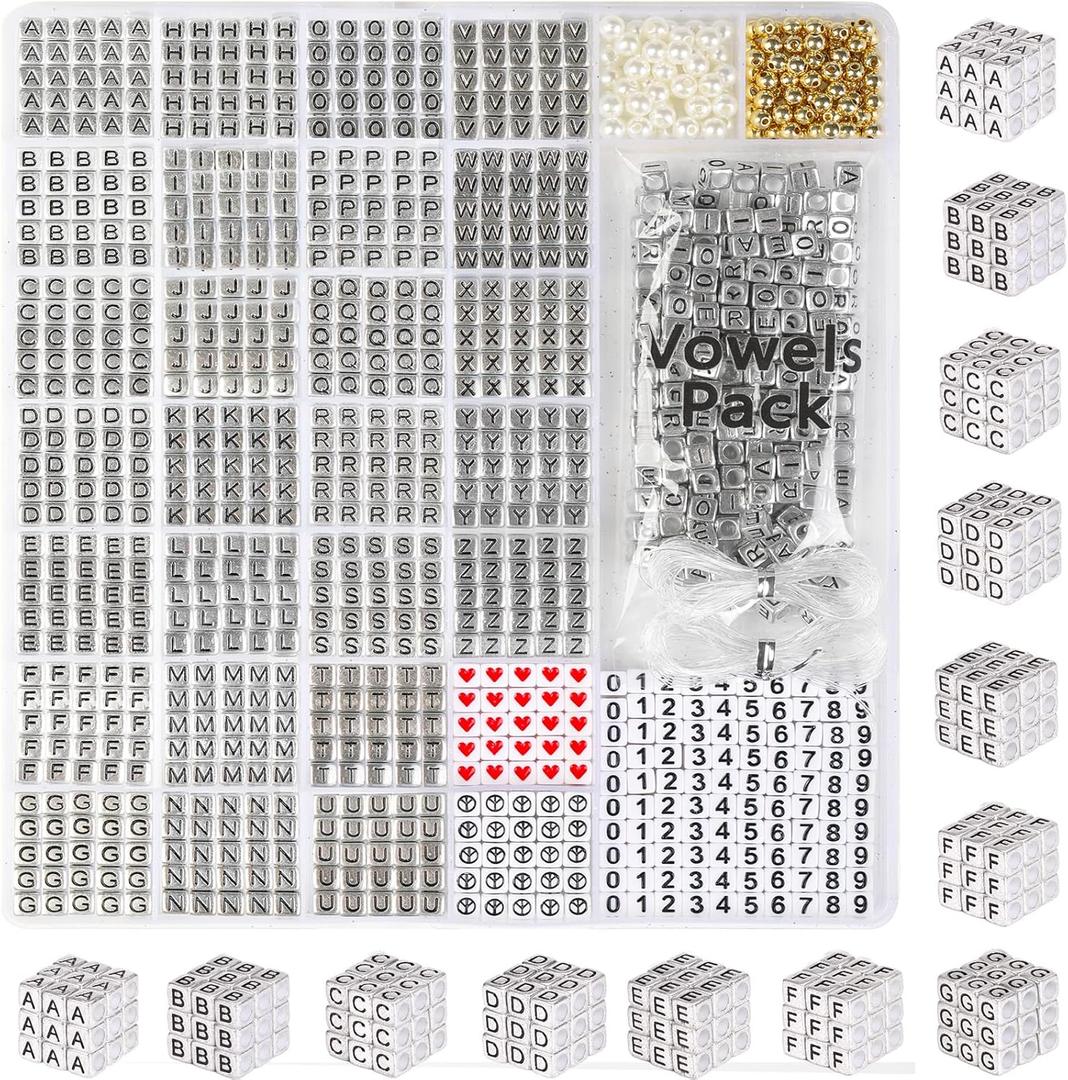 DoDoBeads 1270 Pcs Letter Beads Kit, Sliver and Black Square Acrylic Alphabet Beads with Extra Vowels, Numbers & Spacers, Perfect for Friendship Bracelets, Ideal Craft Gifts