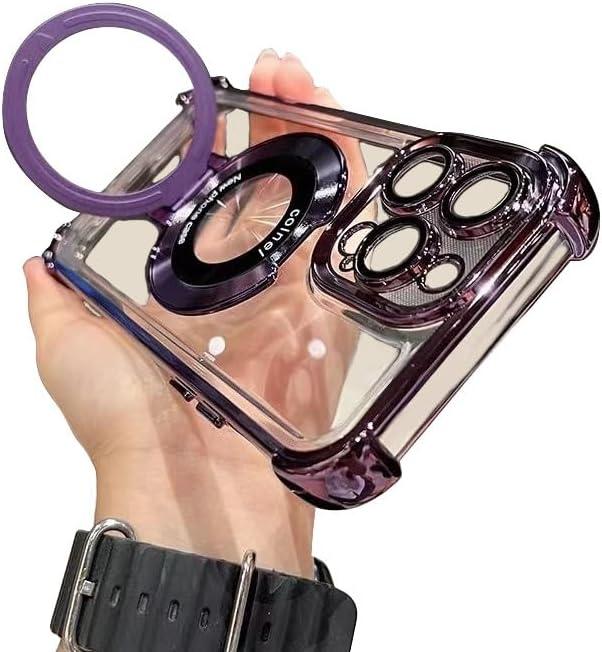 Magnetic case for iPhone 17 Air with Full Camera Lens Protection(Compatible with MagSafe),Military Shockproof Slim Electroplate Bumper Clear Cover Built-in Invisible Ring Stand, Purple