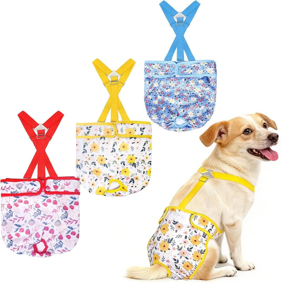 Female Dog Diapers 3 Pack Washable Dog Diapers Female Dog Diaper that Stay on Dog Diaper Female with Suspenders Reusable Doggie Diapers for Heat, Incontinence and Puppy Training (Medium)