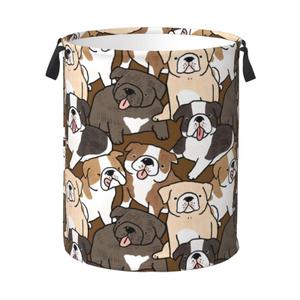 Jbofyee Cute Dogs Laundry Hamper Bag With Waterproof Liner - Cartoon Bulldog Puppy Round Laundry Basket Foldable Clothes Storage Organizer For Bathroom Bedroom Nursery Dorm, M-19.6"X 15.7"