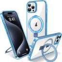 Magnetic Case for iPhone 15 Pro - [Built-in Invisible Stand] [Compatible with MagSafe] [Military Grade Drop Protection] Anti-Yellowing Hard Back Silicone Edge Cover, 6.1", Clear Blue