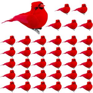 Taiyin 36 Pcs Red Cardinal with Clip on Christmas Tree Ornament Mini Red Feather Fake Birds Decorations Bird Craft Ornament for Christmas Tree Home Outdoor Wreath Arts Decoration