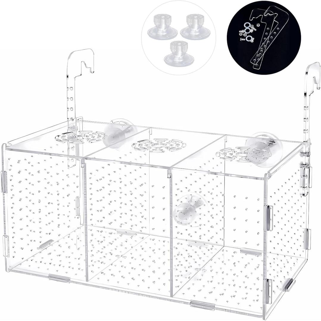 Fish Breeding Box, Acrylic Isolation Box Aquarium Hatchery Incubator with Suction Cups for Newborn Fry, Shrimp, Guppy, Clownfish, Aggressive Fish, 11.5" x 6" x 6"