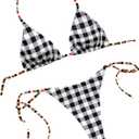 Women's Plaid Print Colorblock Bathing Suit Halter Summer Boho Swimsuit Bikini Set (L)